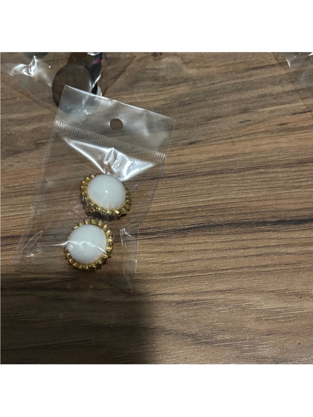 Vintage White Cabochon Stud Earrings with Gold Scalloped Trim